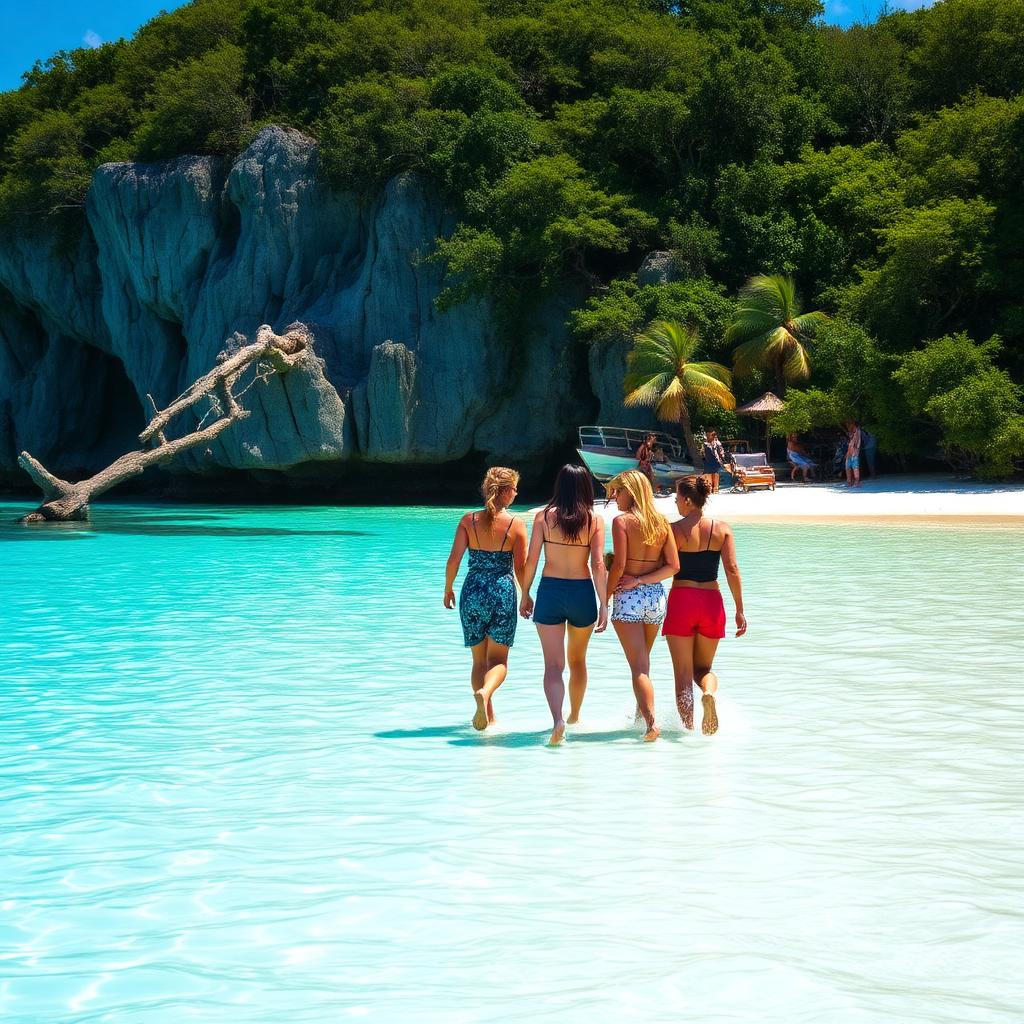 Grupo de viajantes no mar cristalino