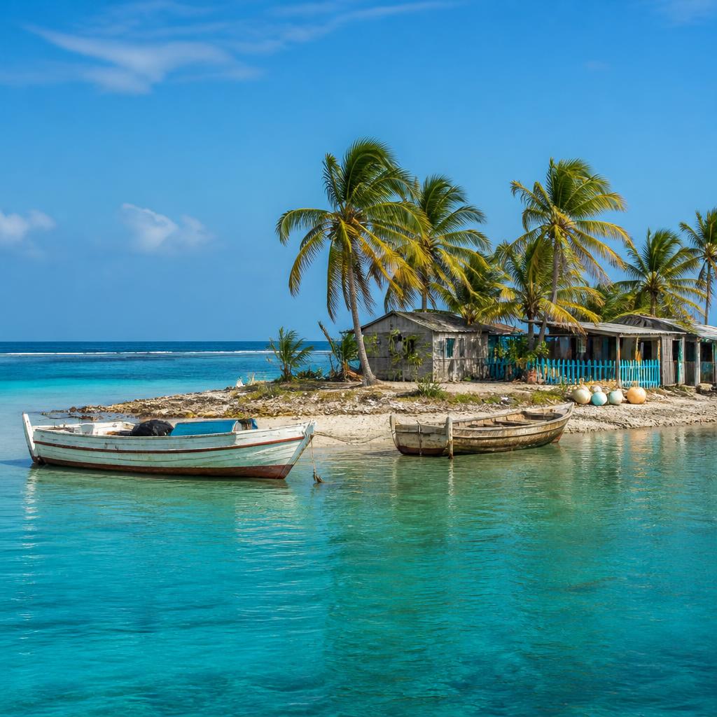 Ilha com barcos em águas turquesa